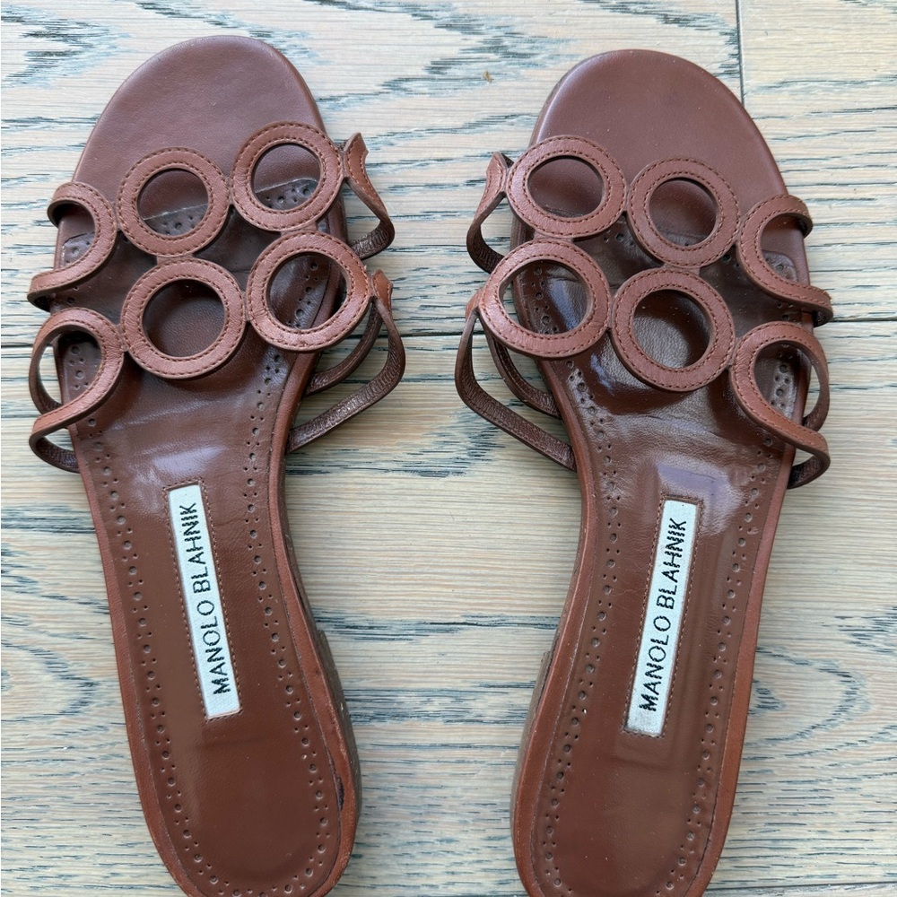 Manolo Blahnik Tan Circle Strap Sandals
